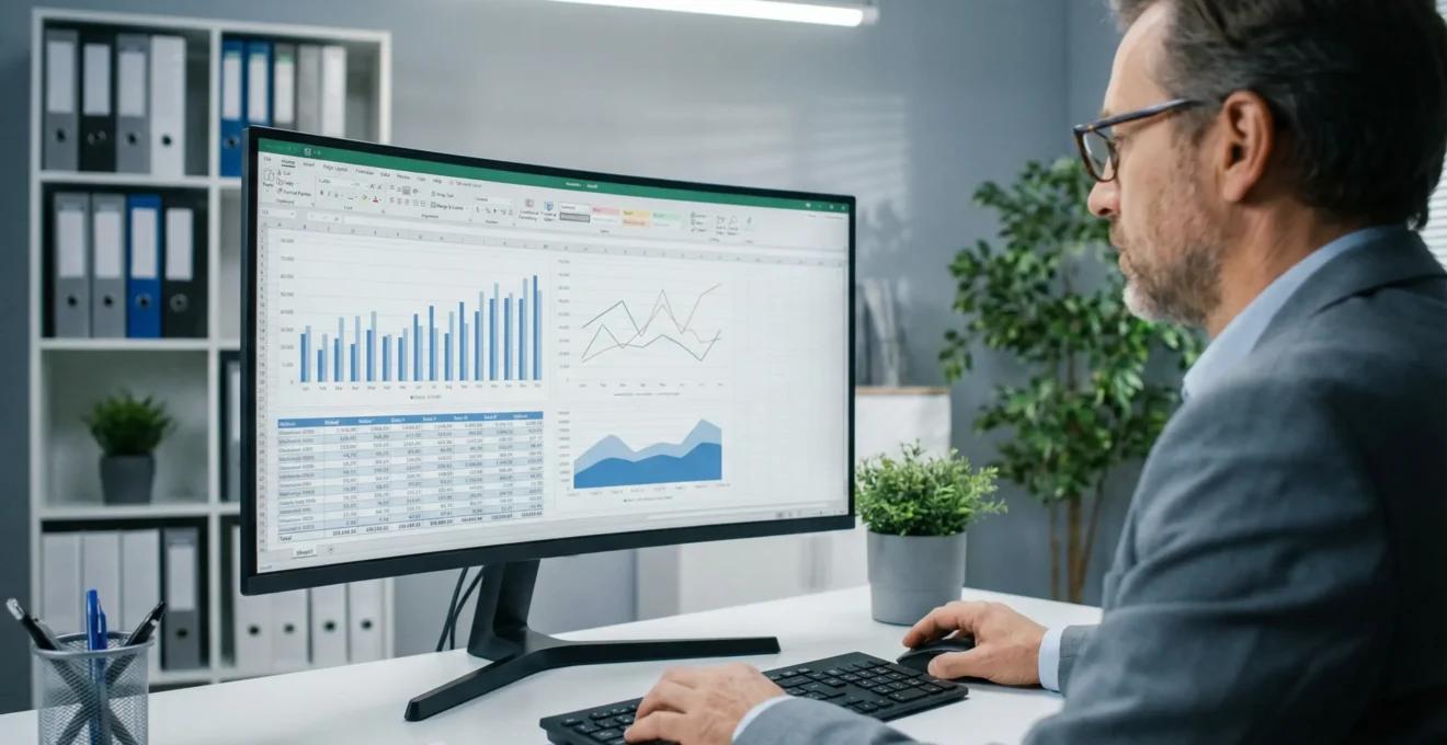 Expert-comptable analysant les données financières d'un PSE sur écran