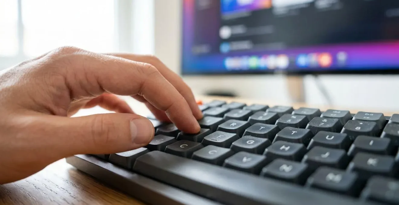 Gros plan sur une main tapant sur un clavier d'ordinateur moderne, écran partiellement visible avec interface logicielle floue en arrière-plan