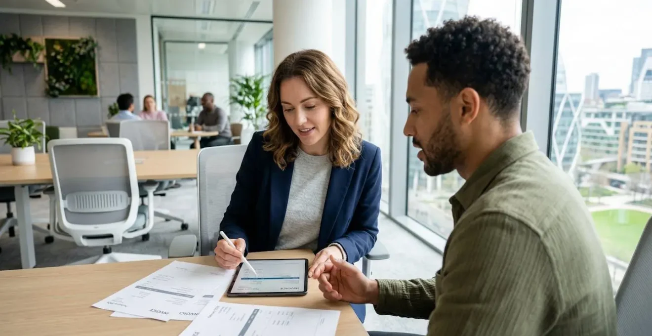 Une responsable financière vue de dos discutant avec un collaborateur dans un bureau lumineux, documents de facturation posés sur la table