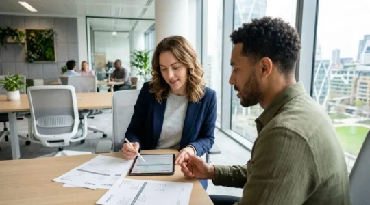 Une responsable financière vue de dos discutant avec un collaborateur dans un bureau lumineux, documents de facturation posés sur la table