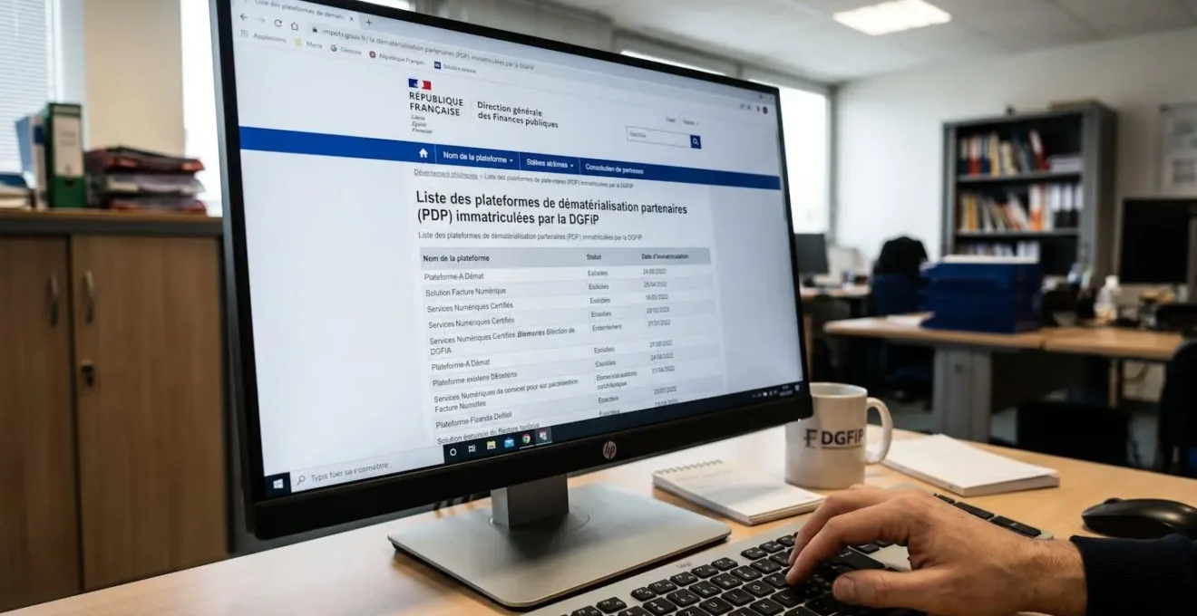 Écran d'ordinateur affichant page impots.gouv.fr avec liste officielle des plateformes agréées DGFiP, mains d'utilisateur consultant la liste