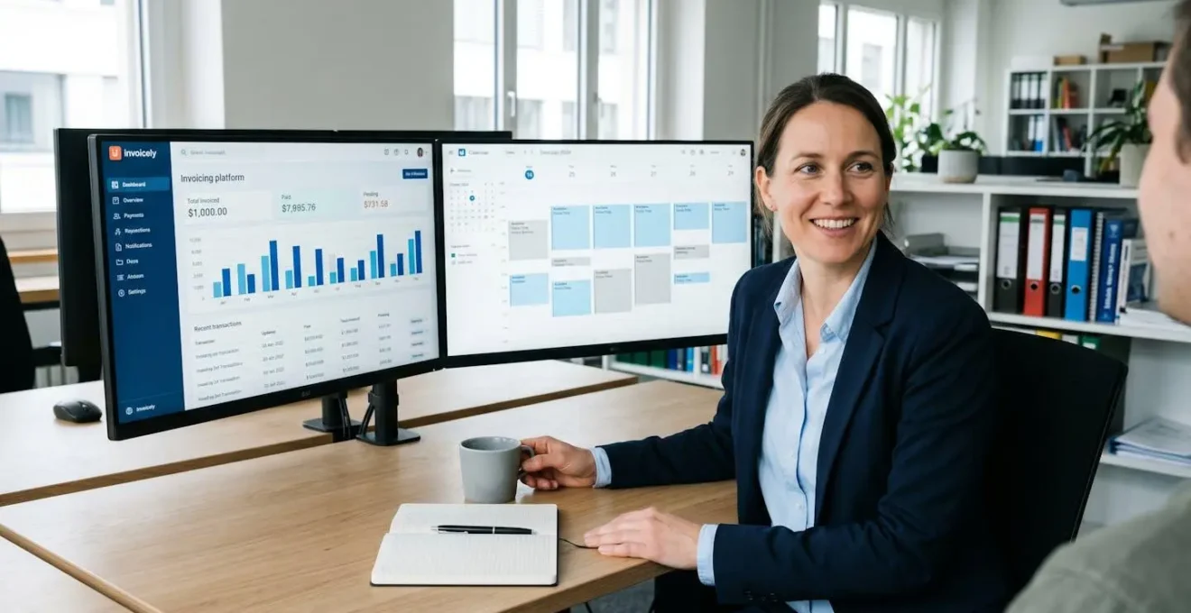 Entrepreneur devant deux écrans d'ordinateur, l'un affichant tableau de bord plateforme facturation, l'autre montrant calendrier avec temps disponible
