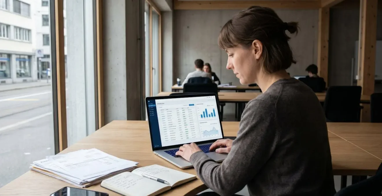 Entrepreneur travaillant sur interface de plateforme de facturation électronique dans bureau contemporain lumineux avec documents professionnels