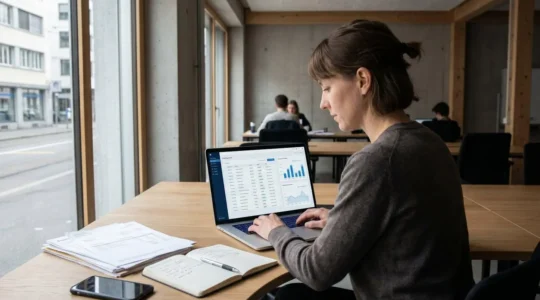 Entrepreneur travaillant sur interface de plateforme de facturation électronique dans bureau contemporain lumineux avec documents professionnels